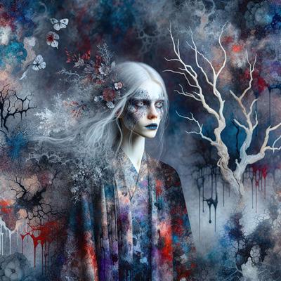 The primary subject of the image is a woman with white hair, wearing a black dress. She is standing in front of a tree, which is the main object in the scene. The setting is a forest, with a backdrop of trees and flowers. The visual style is a combination of digital art and illustration, creating a surreal and artistic atmosphere. The colors are predominantly dark, with the woman's white hair and the black dress being the main focus. The mood of the image is mysterious and intrigu